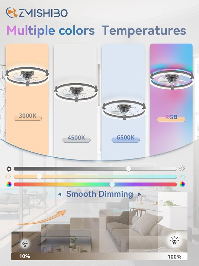 ZMISHIBO 20" RGB Low Profile Ceiling Fans with Lights and Remote, Grey | Custom RGB+3CCT Dimmable, 6 Speeds, Remote/App Control, Reversible DC Motor, Memory, Timer, Modern Fandelier for Kids/Bedroom
