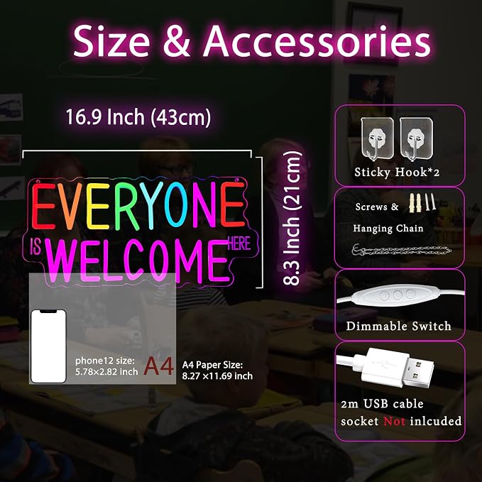 Everyone is Welcome Here Neon Sign, Dimmable Classroom Neon Sign Lights for Wall Decor, USB Positive Affirmation LED Neon Light, Welcome Signs for Classroom Teacher Gifts Rainbow Pride Diversity Decor