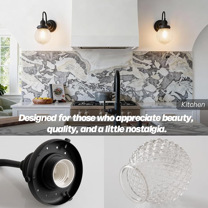 Black Wall Sconce Farmhouse Bathroom Vanity Light,Clear Glass | Vintage,Hardwired Indoor,Hand-Blown Thick Glass,for Bathroom Mirror Kitchen Hallway,UL-Listed E26 Socket