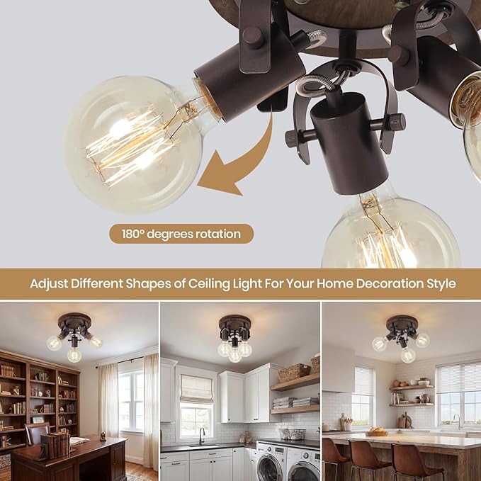 SEEBLEN 3-Light Rustic Track Lighting, Adjustable Flush Mount Ceiling Light with Espresso Wood Base, Dark Bronze Ceiling Track Light for Kitchen Island, Dining Room, Hallway, Entryway