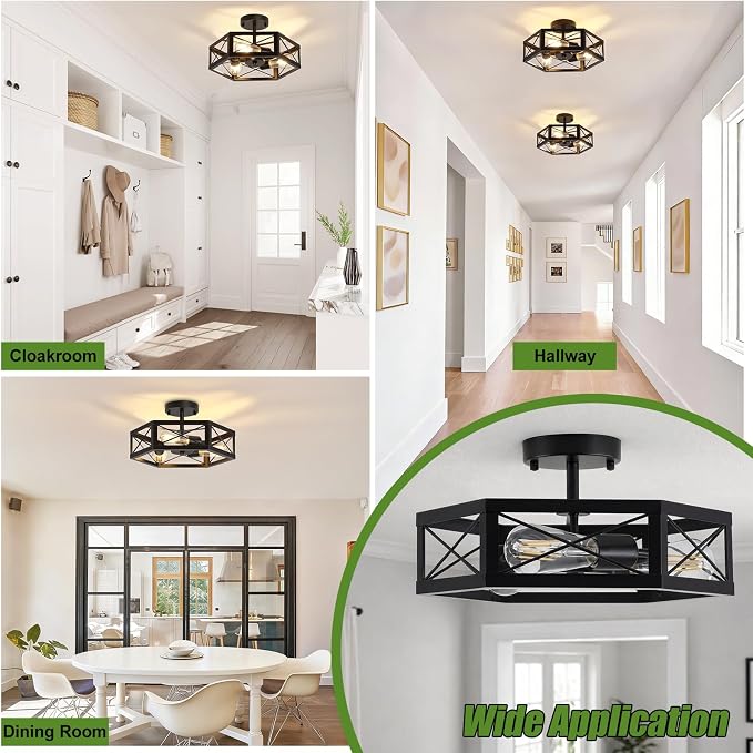3-Light Semi Flush Mount Ceiling Light, Kitchen Lighting Fixtures Ceiling, Black Dining Room Light Fixtures, Farmhouse Close to Ceiling Lights with Hexagon Cage for Bedroom Hallway Foyer