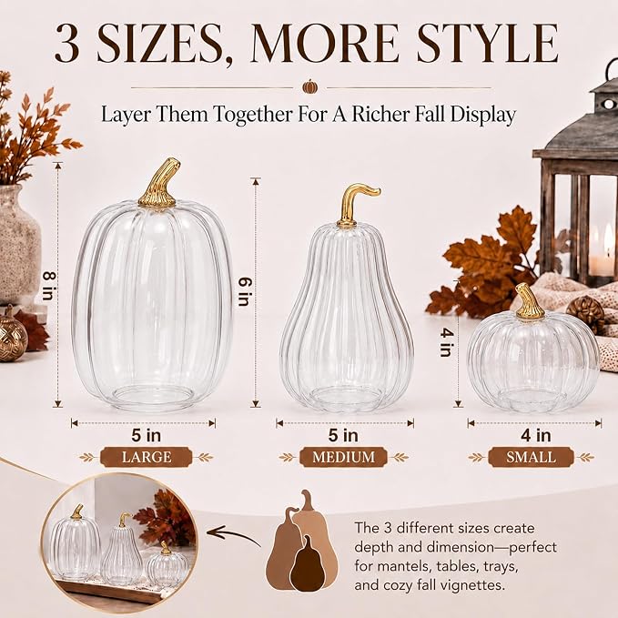 Yungyan Set of 3 Glass Pumpkin Lamp Shades Fall Decor,Clear | Pumpkin Candle Holder Rustic Thanksgiving Halloween Autumn Mantel Table Centerpiece Home Decoration, Lights Not Included