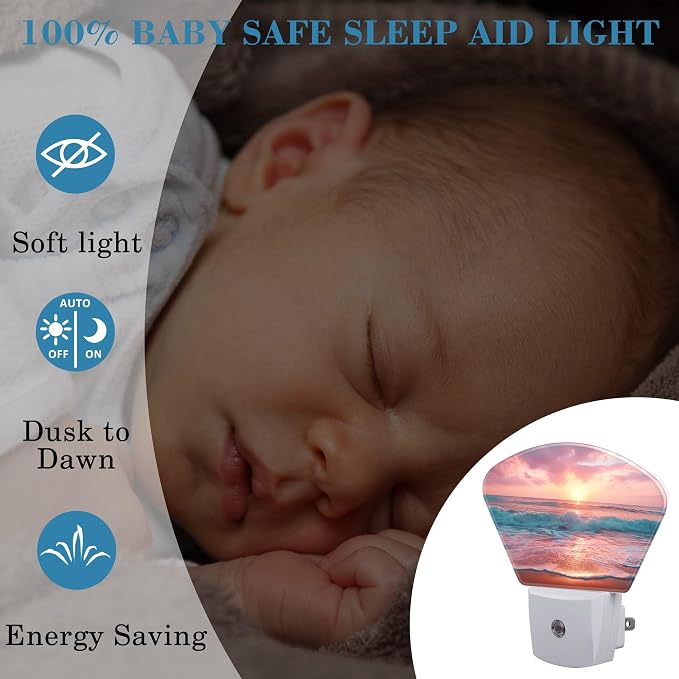Pink Beach Sunset Night Light Sunrise Beach Nightlight Plug into Wall with Dusk to Dawn Sensor for Kid Girls Boys Women Men Room, Hallway, Kitchen, Bathroom, Stairs Decor