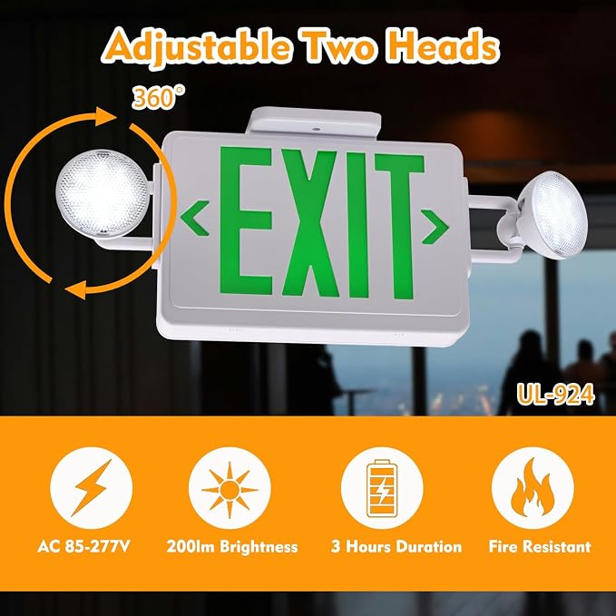 LED Exit Signs with Emergency Lights,200lm 3Hours Green Emergency Exit Sign with Lights Battery Backup, Double Face UL 924 AC85-277V Plug in Cord