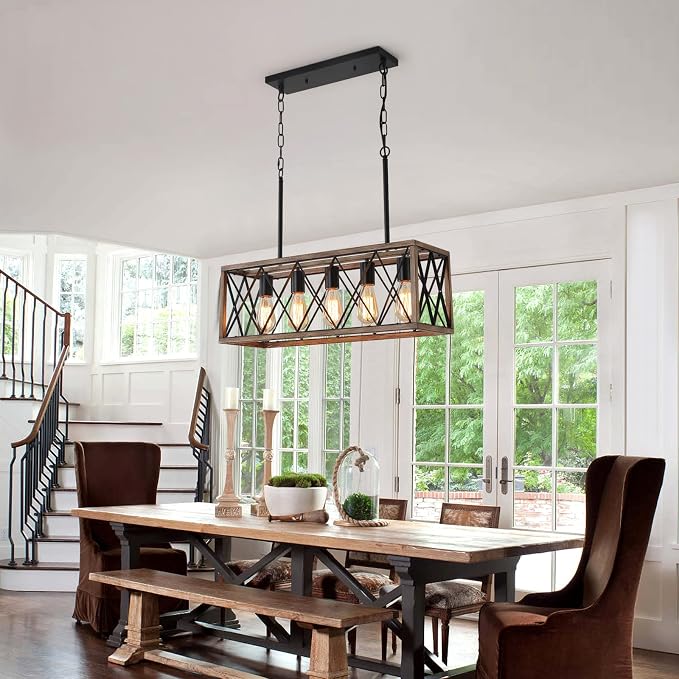 KEESFU 5-Light Farmhouse Chandeliers for Dining Room, Kitchen Island Lights | Farmhouse Light Fixtures with Adjustable Height; Dining Room Light Fixture for Table & Over Sink; Wood Grain color;E26 Base
