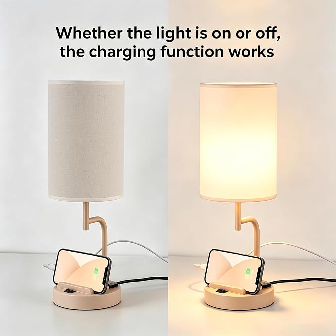 Dreamholder 2 Pack Table Lamp, Bedside Lamp with 3 USB Charging Ports & AC Outlet, USB Desk Lamp with 2 Phone Holders, Linen Fabric Shade Nightstand Lamps for Bedroom Living Room Office, Beige