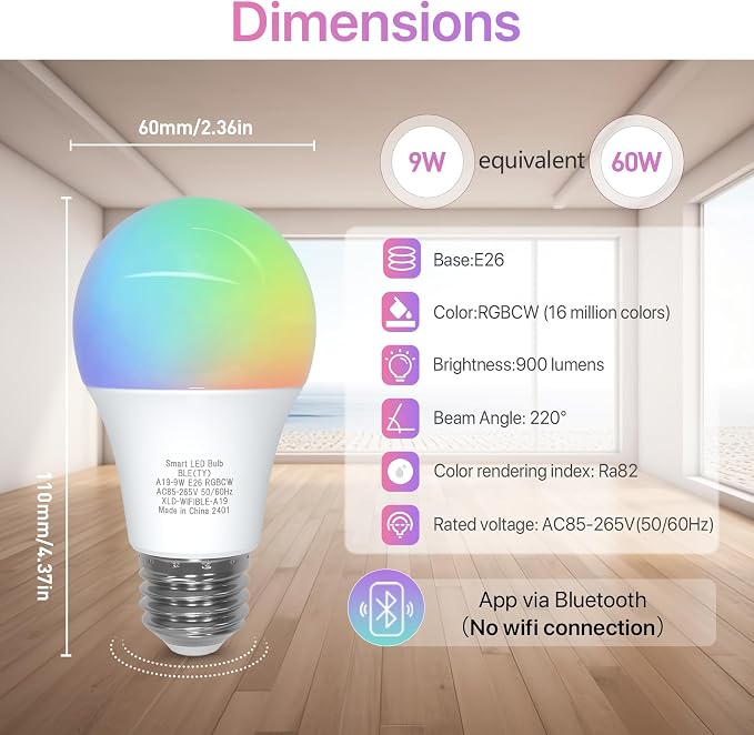 Bluetooth Smart Light Bulb 60 Watt, Dimmable Color Changing, 2 Pack | E26 Lightbulbs 9W A19, RGBCW Multicolor, Music Sync, Timer Schedule Settings (No WiFi Connection)