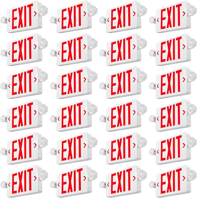 FREELICHT 24 Pack Red Double-Sided LED Exit Signs with Emergency Lights | Two LED Adjustable Heads, 90min Battery Backup, Hard Wired, UL Listed, AC 120/277V, Flame Retardant for Commercial Use