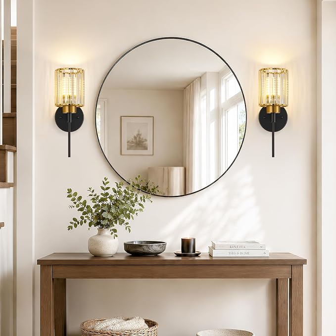 Bathroom Wall Sconces Set of 2, Black & Gold Wall Lights with Clear K9 Crystal Shades, Bathroom Light Fixtures for Bedroom, Living Room, Hallway