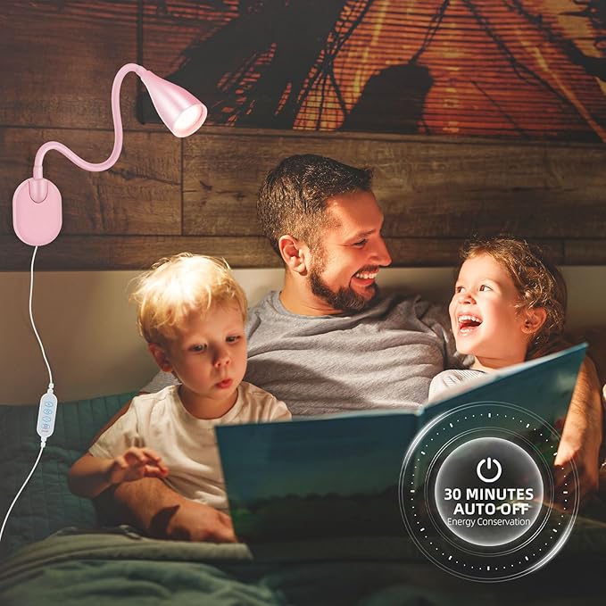 LED Wall Mounted Bedside Reading Light, 3 Color Modes,10 Brightness Dimmable, USB Charging Port, Adhesive Wall Lamp Night Light for Books in Bed, Flexible Neck Eye-Caring Bedroom Lighting Pink