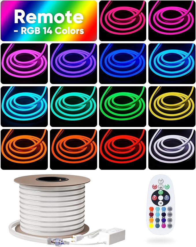 LED RGB Neon Rope Lights AC 120V, Expandable & Cuttable Bright Strip Lighting with Remote, Dimmable Color Changing, ETL Cold-Resistant & IP65 Waterproof for in&Outdoor, 10x20mm, 131.2FT