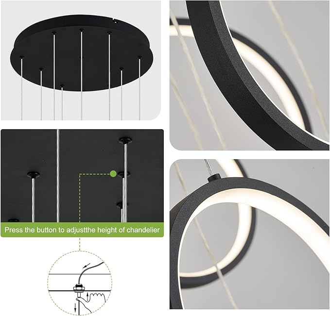 High Ceiling Chandelier 10 Ring Black Foyer Chandeliers Entryway Long Modern LED High Ceiling Light Staircase with Remote Control for Living Dining Room (98.5in 3000K-6500K)