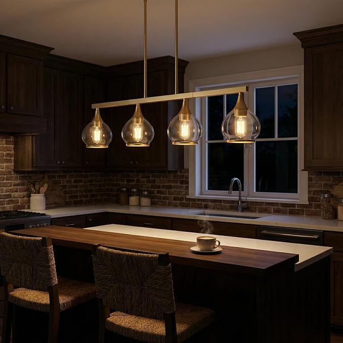 Kitchen Island Linear Pendant Light, 4-Light Gold Dining Room Chandelier with Clear Glass Globe Shades, Modern Linear Lighting Fixture Over Table