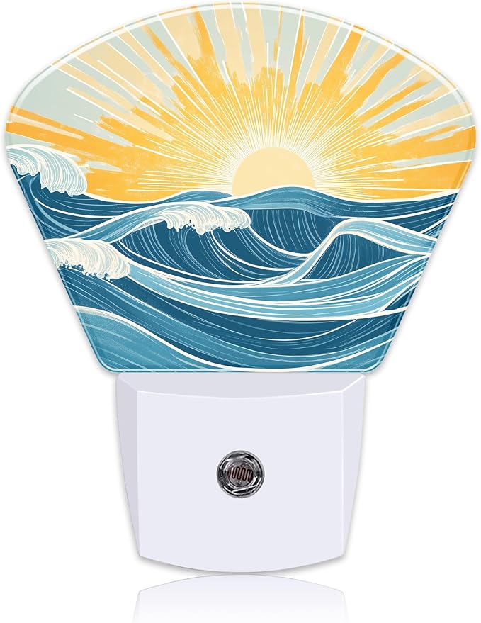 Sunrise Over The Sea Night Light Waves and Sun Nightlight Plug into Wall with Dusk to Dawn Sensor for Kid Girls Boys Women Men Room, Hallway, Kitchen, Bathroom, Stairs Decor