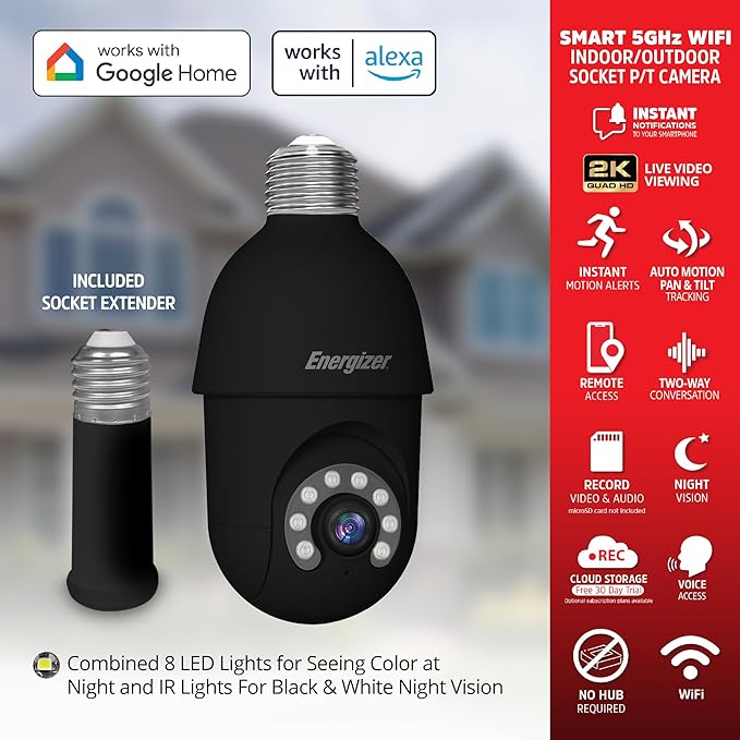 Energizer Smart Socket Camera 3-Pack, 2K QHD Outdoor Light Bulb Security Camera, 5GHz/2.4GHz, Pan & Tilt Auto Motion Tracking, 2-Way Audio, Night Vision, Recording, Voice Control with Alexa & Google