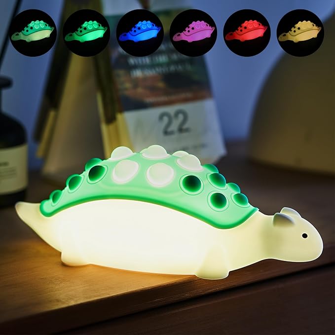 Dinosaur Kids Night Light,Silicone Nursery Dino Lamp with Pop Bubble,7 Nightlight Modes Rechargeable Bedside Touch,Baby Room Decor,Cute Dinosaurs Gifts for Toddler(Green)