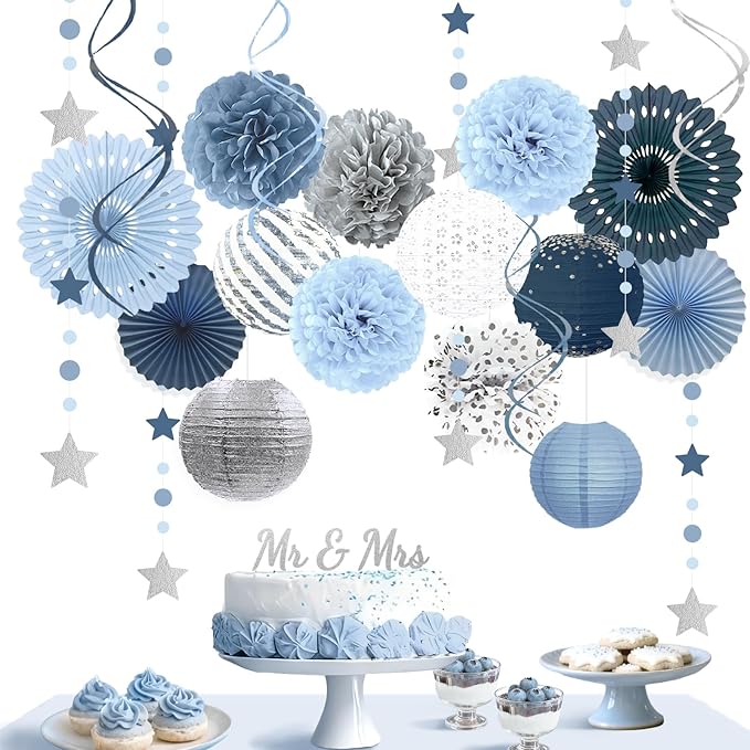 19Pcs Dusty Blue Party Decorations, Hanging Paper Lanterns Fans Tissue Flower Pom Poms Swirls for Wedding, Birthday, Something Blue Bridal Shower Bachelorette Party Baby Shower Decorations