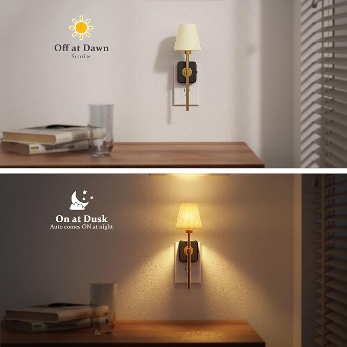 JandCase Night Lights Plug into Wall, 2 Pack Vintage Nightlights | Dusk to Dawn Sensor, 0-100LM Dimmable, Pleated Fabric Beige Lamp for Living Room Bedroom Hallway