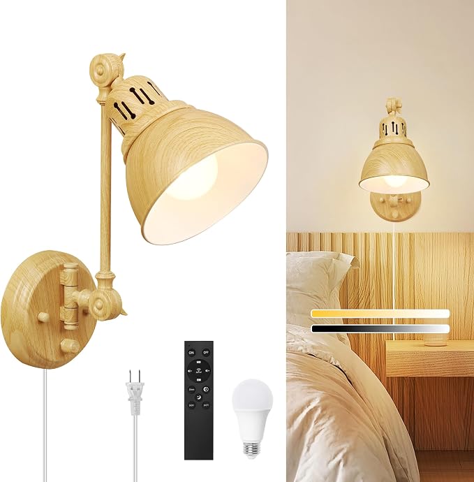 GOODATE 1 Pack Plug in Wall Sconce with Remote Control, Dimming, Adjustable Colors 2700K-6500K, Plug in Wall Light, Swing Arm Wall Lamp with Night Light & Timer, LED Bulb Included, Oak Finish