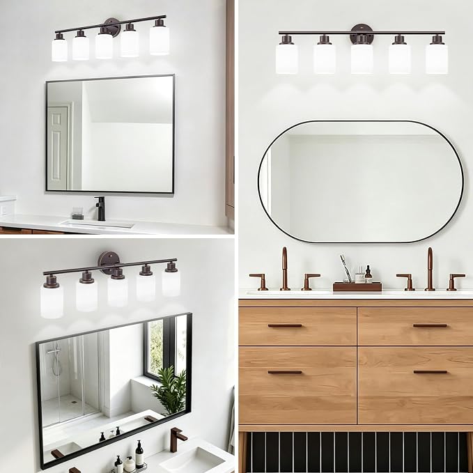 5-Light Bathroom Light Fixtures, Oil-Rubbed Bronze Gold Vanity Lights for Mirror with Textured Milky White Glass Shade, E26 Modern Kitchen Light Fixtures Wall Sconce Light