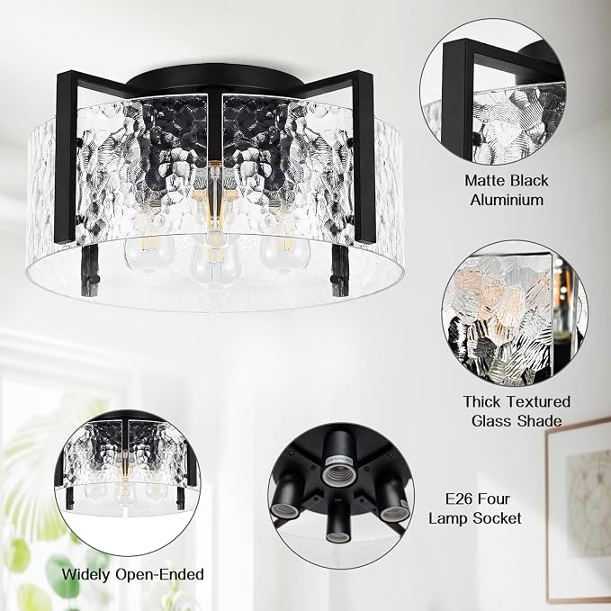16" Semi-Flush Mount Ceiling Light, 4-Light Hammered Glass Drum Fixture | OYKYOHEI Indoor Lighting for Bedroom Hallway Entryway Kitchen Foyer Living Room Laundry Decor, Black Modern Dimmable E26