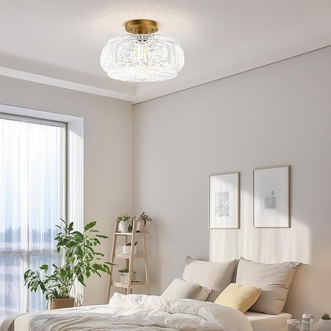 Semi Flush Mount Ceiling Light, Upgraded 12 inch Larger Gold Glass Ceiling Light Fixture, Vintage Lighting for Hallway Kitchen Bedroom Dining Room, Bulb Not Included