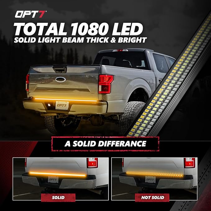 OPT7 Redline 60" Aluminum Truck Tailgate Light Bar w/Sequential Amber Turn - Weatherproof Rigid 1-Piece Triple Row LED Strip - Dynamic Taillight w/White Reverse - Fits F150, Silverado, Sierra, Ram