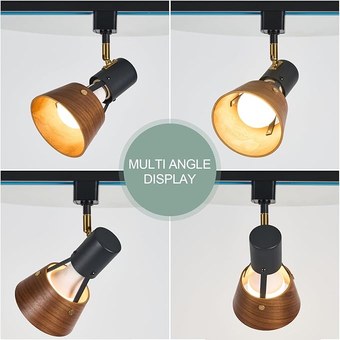 TeHenoo Modern H Type Track Lighting, Adjustable Track Heads,Matte Black Finish and Natural Wood Lampshade Spotlights, E26 Socket,Brass Swivel Item Kit, for Accent Retail-Pack of 3