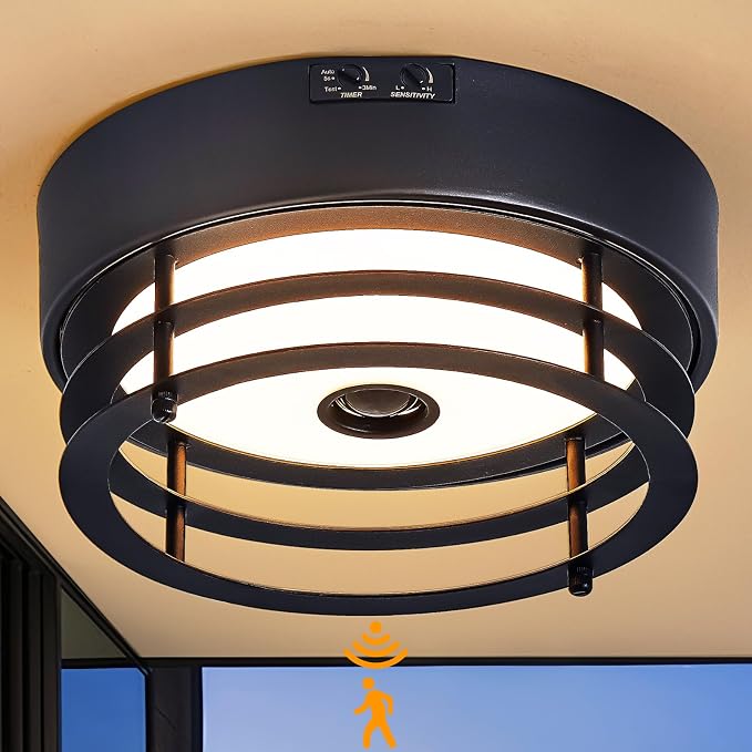 Yisuro Outdoor Ceiling Light with Motion Sensor, Dusk to Dawn Flush Mount Ceiling Light, LED Light, Adjustable Timer & Sensitivity, Exterior Porch Light Fixture for Front Door, Patio, Garage, Black