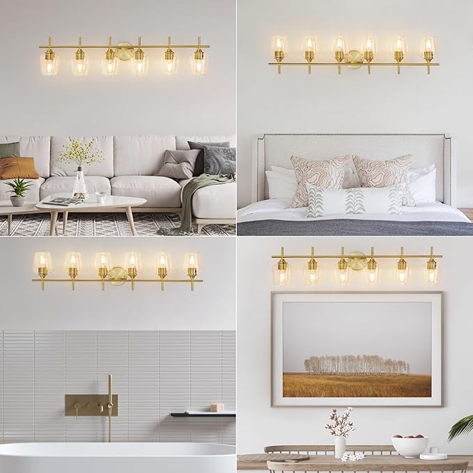 Bathroom Vanity Light Fixtures, Bathroom 6-Lights Over Mirror Modern Vanity Lighting with Clear Wine Glass Shade Wall Lamp for Bedroom Hallway Living Room (Gold, 6-Light)