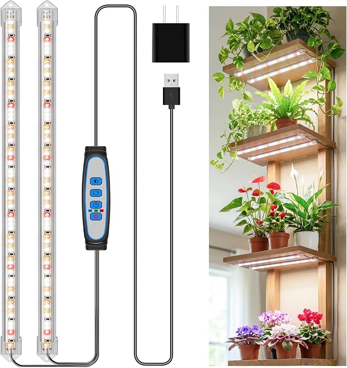 Kullsinss 16in Grow Light Strips, 2-Bar 120 LEDs Full Spectrum Plant Light | Growing Lamp for Indoor Plants with 6/12/16H Auto Timer, 5 Dimmable Levels, 5V Sunlight Plant Lamp for Succulent, Seedling