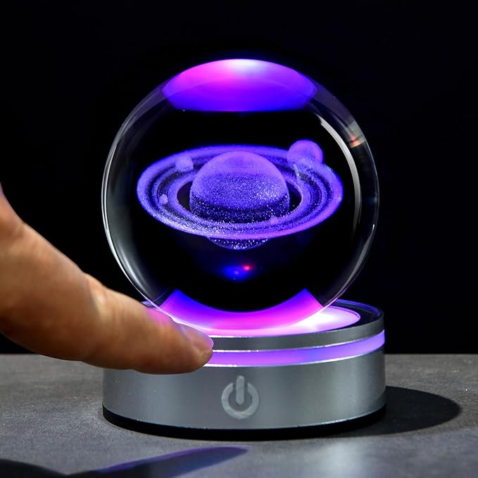 3D Laser Engraved Saturn Crystal Ball with LED Stand, 80mm Glass Sphere Lamp Night Light, Space Galaxy Planet Decor Gifts
