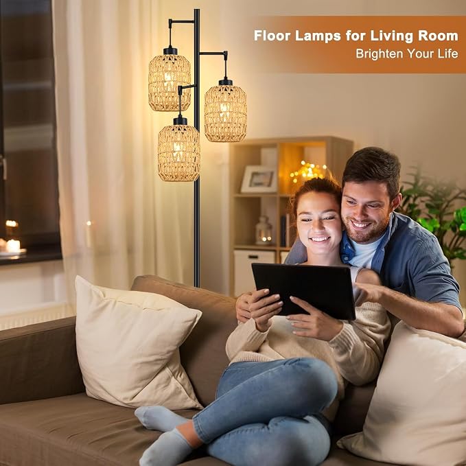 QIYIZM Floor Lamp for Living Room,Bedroom,Boho Rattan Tree 3 Lights Farmhouse Floor Lights,Industrial Black Standing Lamp Wicker Rustic Tall Lamp,Woven Bamboo LampShade Floor Lamps Bohemian