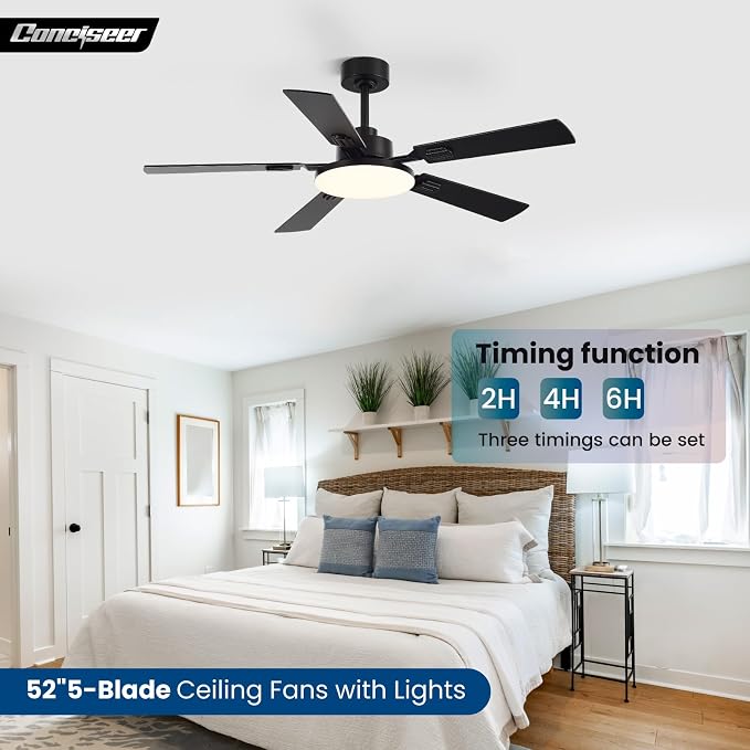 Conciseer 52 Inch Ceiling Fans with Lights and Remote for Bedroom Living Room Kitchen Office, Indoor/Outdoor Use, 6CCT Dimmable, 5 Blades, 6 Speed Reversible Quiet DC Motor, Black/Wood Grain