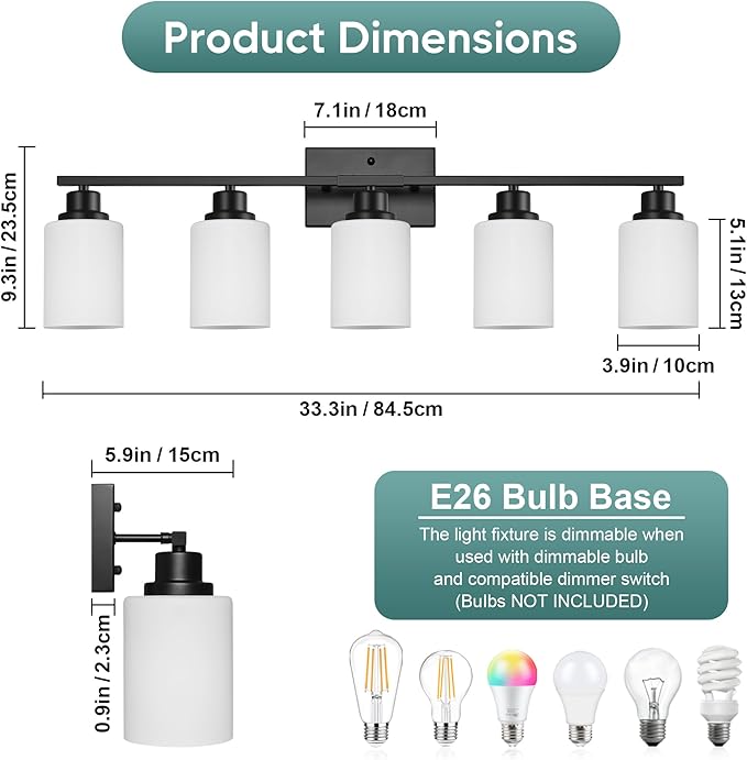 Ascher Bathroom Light Fixtures, 5-Light Vanity Light Over Mirror, Matte Black Wall Sconces with Milky White Frosted Glass Shades, Wall Lamp for Living Room Bedroom, E26 Base(Bulbs Not Included)