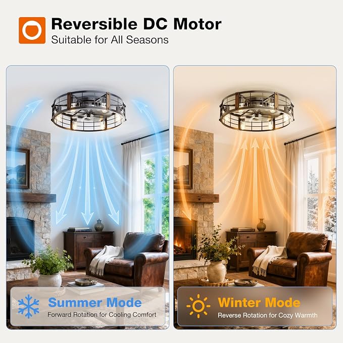 addlon 24" Caged Ceiling Fans with Lights and Remote, Low Profile Fandelier | Wider Airflow, 1/2/4/8H Timer, 6 Speeds, Reversible DC Motor, 6 E26 Sockets, Farmhouse Style, Quiet Operation
