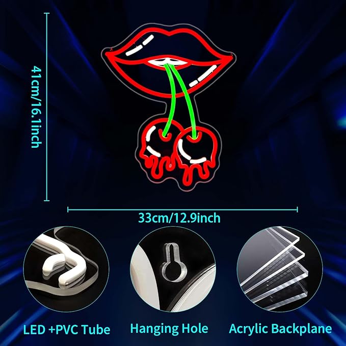 Cherry Lips Neon Sign, JGHTURIE Red Led Neon Signs for Wall Decor USB Powered Bar Lights Signs for Room Man Cave Party Art Decoration