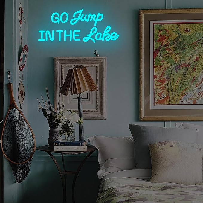 Go Jump In The Lake Neon Sign for Wall Decor Lake House Decor Led Sign for Lake Life Dimmable Coastal Neon Light Up Signs for Bedroom Living Room Lake Life Wall Art Porch Cabin Boat Vacation