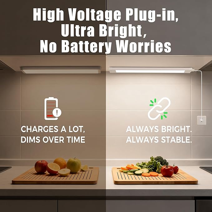 4 Pcs 14inch Plug in Under Cabinet Lighting for Kitchen, 6500k Bright White LED Under Counter Wired Lights for Shelf/Bookshelf/Workbench/Over Sink Linkable 110V LED Light Bar