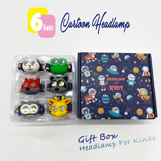 Headlamp for Kids, Battery Powered LED Headlamps, Owl Frog Giraff Dog Fox Raccoon Theme Gift for Children's Day, Birthday, Toddlers - 6 PCS