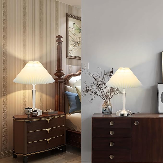 Touch Bedside Table Lamp - Modern Small Lamp for Bedroom Living Room Nightstand, Desk lamp with Fabric Lamp Shade, Warm LED Bulb, 3 Way Dimmable, Simple Design Mother's Day Gifts (Silver)