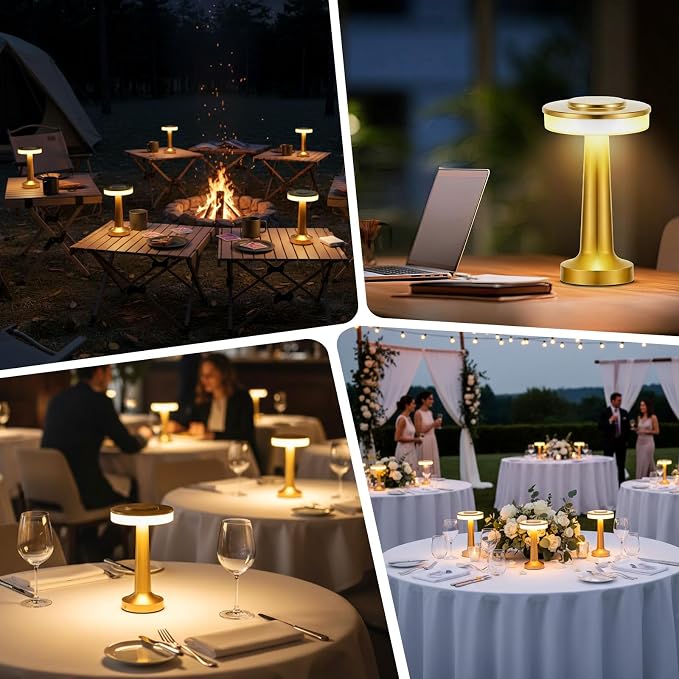 Riakrum 24 Pcs Gold LED Portable Cordless Table Lamp Bulk with Touch Sensor 3 Color Stepless Dimming Rechargeable Battery up to 15 Hours Cordless Table Light Wireless Lamp Wedding Home