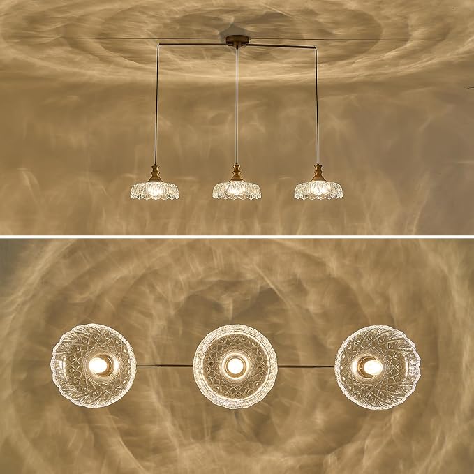 HDDFL Vintage Pendant Lighting Fixtures Modern Glass Hanging Lamp with Adjustable Cord for Kitchen Island Dining Room Hallway 3 Light Brass and Clear