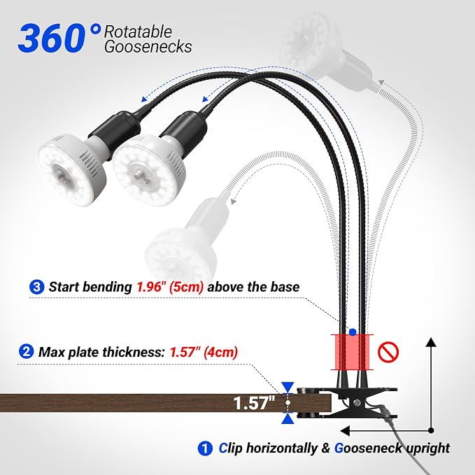 Barrina Orbgrow OG11A2 Clip On Grow Light for Indoor Plants, 5000K 22W | Integrated Stepless Dimming & Timing, Full Spectrum, High PPFD, 2 Goosenecks with E26 Plant Light Bulbs