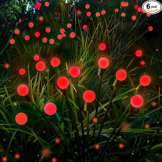 6 Pack Solar Firefly Lights Outdoor Swaying Garden Decorations 48LED Red | 2 Lighting Mode, Auto On/Off, Sway with Wind, Waterproof Solar lights Outdoor for Flower Bed Patio Pathway Courtyard Decor