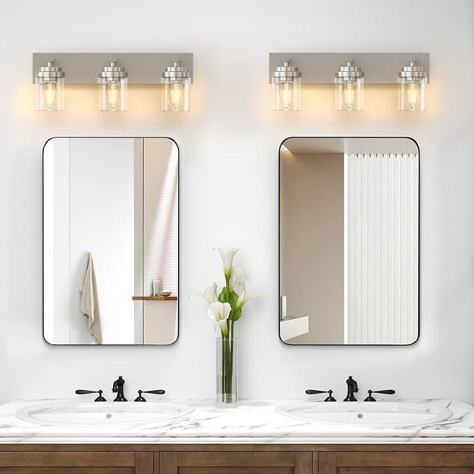 IZORRO Bathroom Vanity Light Fixture, 3-Light 22 Inch Brushed Nickel Bathroom Light Fixtures Over Mirror, with Clear Glass Shade, Modern Farmhouse Vanity Lights, Rustic Restroom Lighting Fixtures