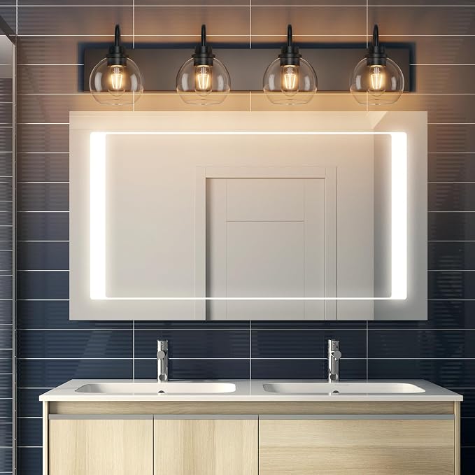 Vanity Light Fixtures With Clear Glass Shade, 4-Light Modern Lights Over Mirror, Black Wall Lamp for Bathroom, E26 Base