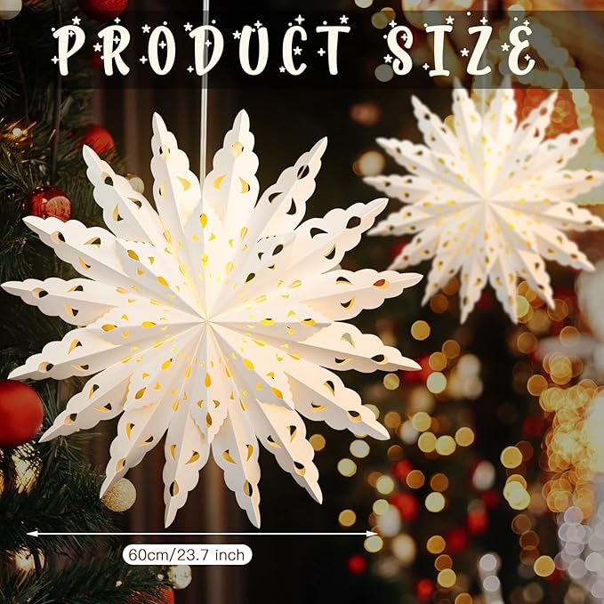 23.6 Inch Christmas Star Snowflake Paper Lantern with Light Timer Paper Lamp Party Supplies Hanging Decoration for Weddings Christmas Trees Birthday Holiday Party Celebration (Classic Style)