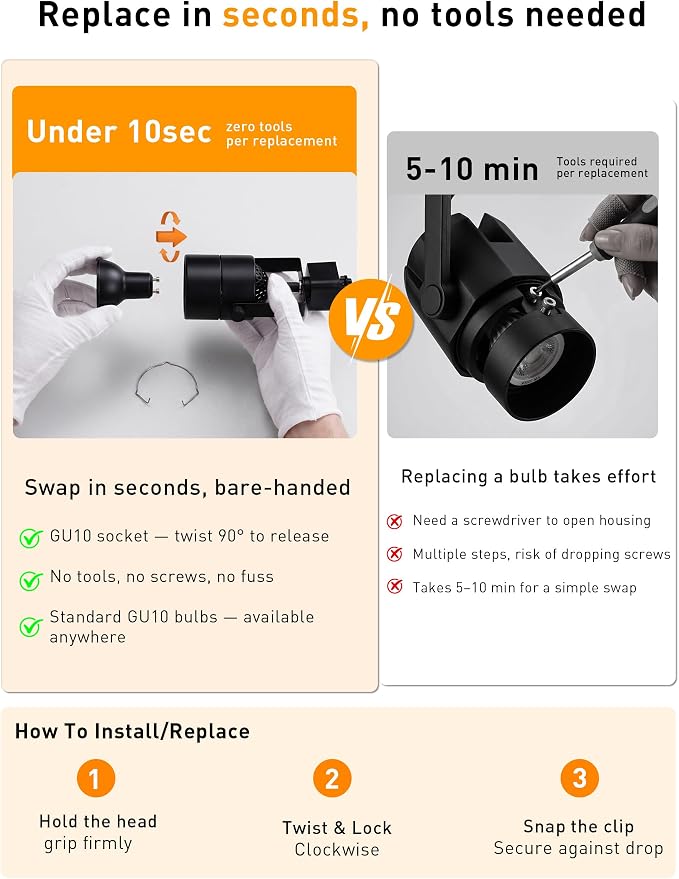 [6 Pack] CLOUDY BAY H Type Track Lighting Heads to Gu10 Base Socket Light Direction Adjustable,Round,Black