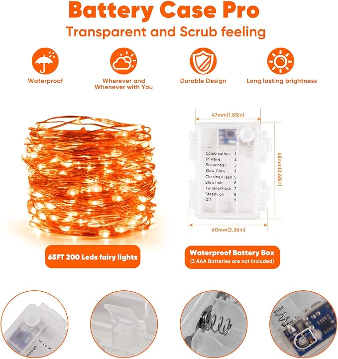 Ariceleo 1 Pack 65.6 Ft. Battery Operated Outdoor String Lights with Remote & Timer, LED Orange Fairy Lights, Waterproof Twinkle Lights for Bedroom, Dorm, Mason Jar, Wedding, Party, Christmas